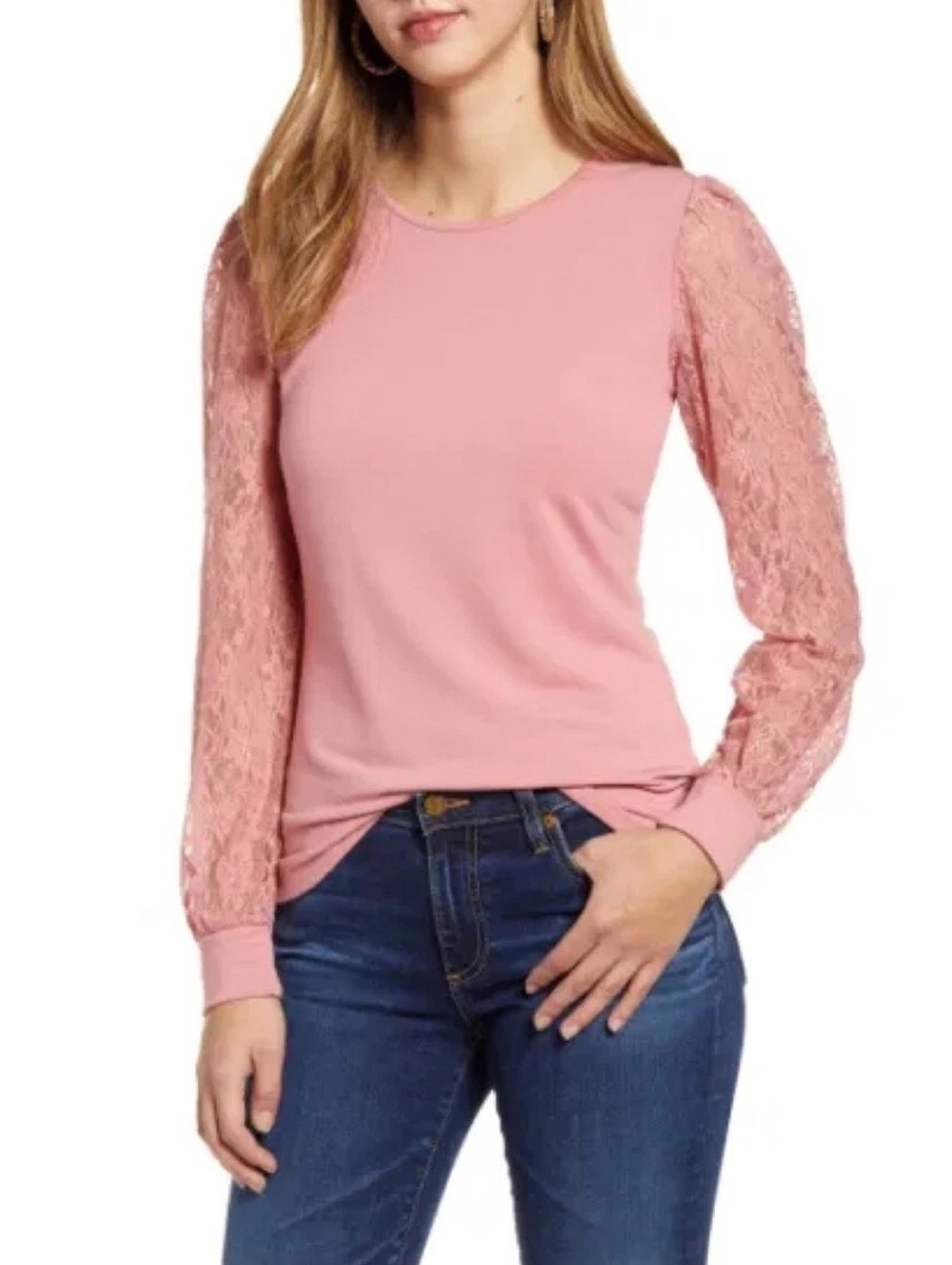 Rachel Parcell Dusty Pink Lace-Sleeve Long Sleeve Top